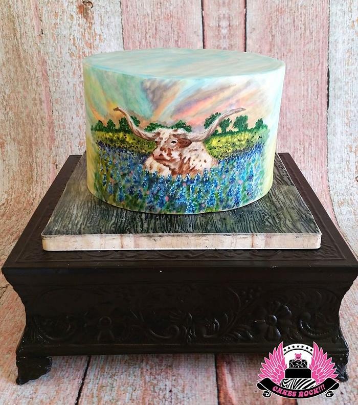 Texas Longhorn in Bluebonnets Hand Painted Cake