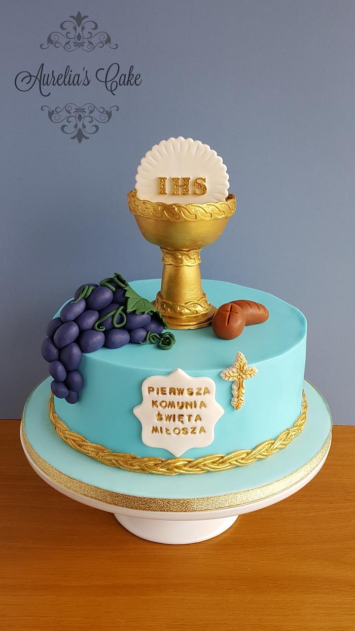 First Communion cake in blue.