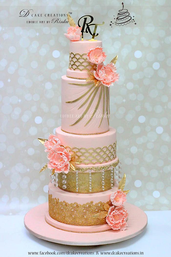 Tall Pink Five Tier Wedding Cake