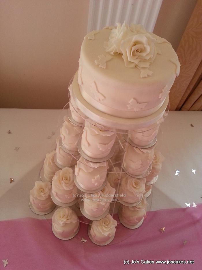 Ivory Butterflies and Roses Wedding Cake and Mini Cakes 