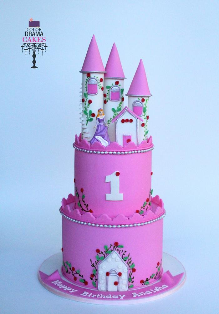 Princess Castle themed cake with hand painted leaves 