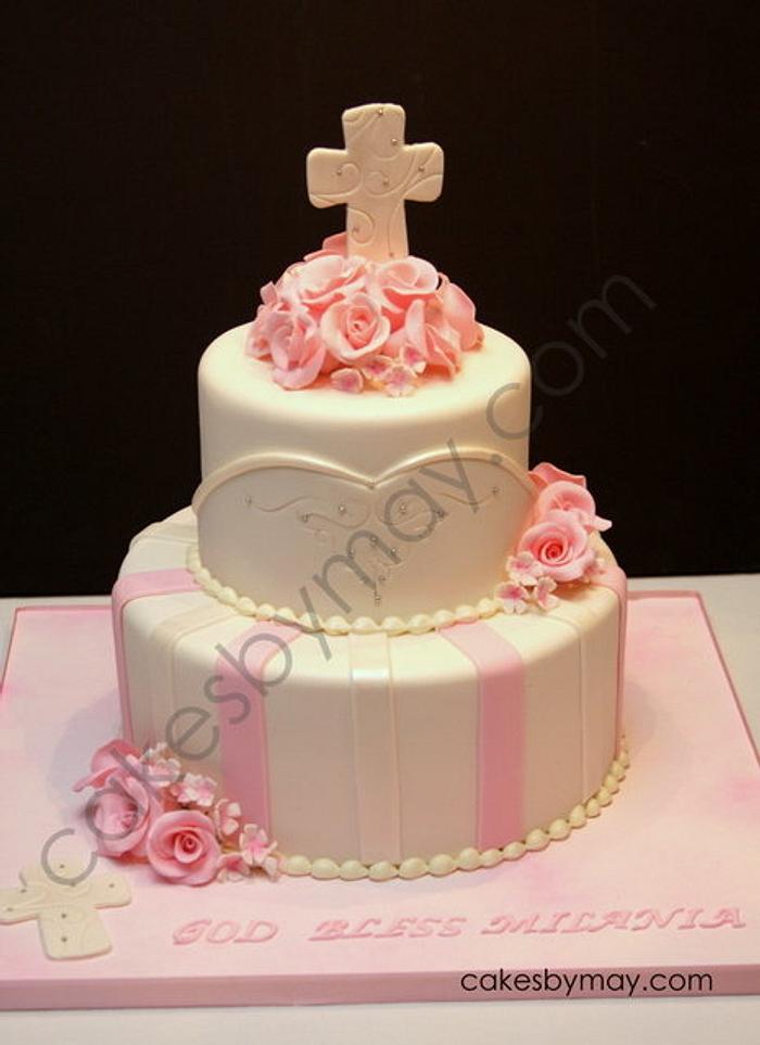 Pink Flowers Christening Cake