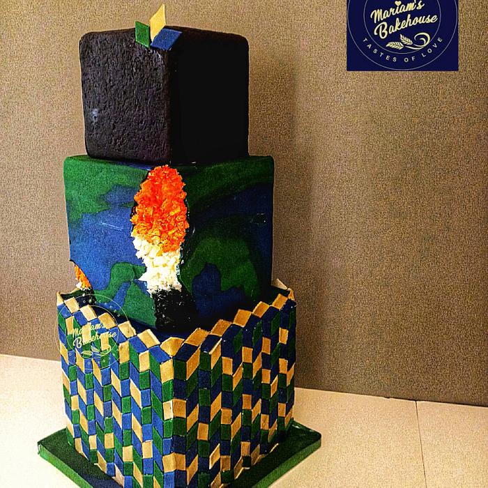 An elagant anniversary cake in geometrical pattern with geode