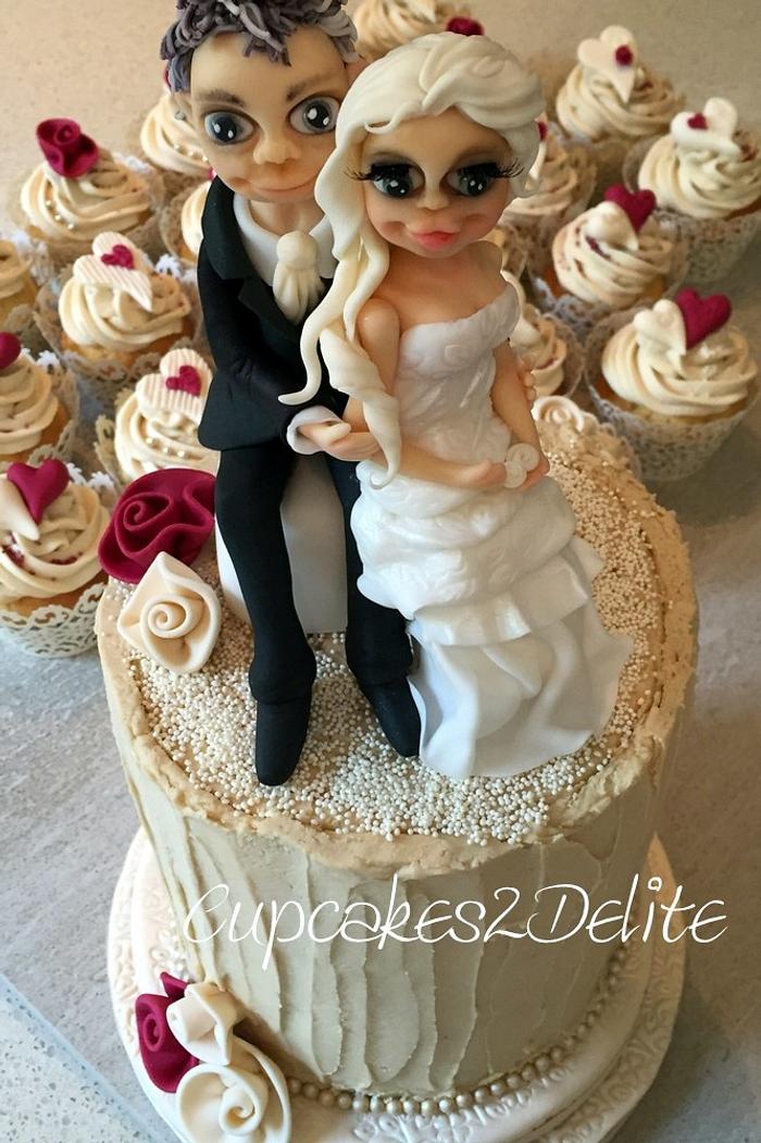 Bride & Groom on Cream & Burgundy Wedding Cake