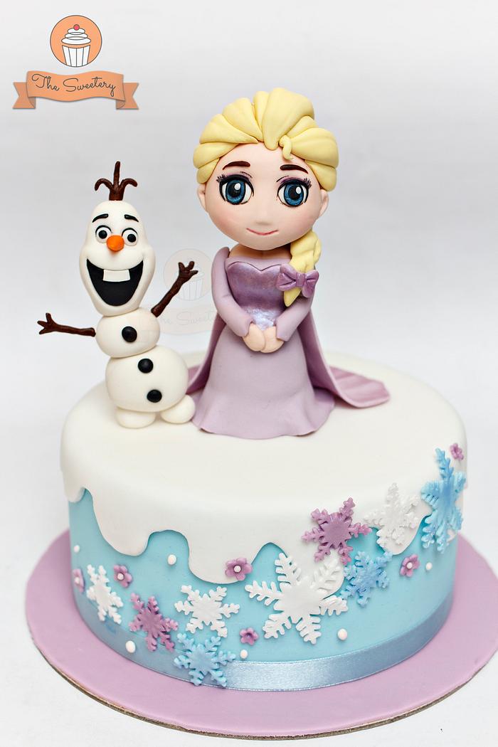 Frozen themed cake with chibi Elsa and Olaf