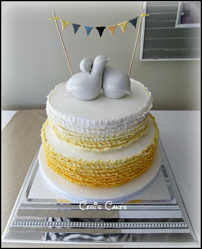 Love birds ombre ruffle wedding cake