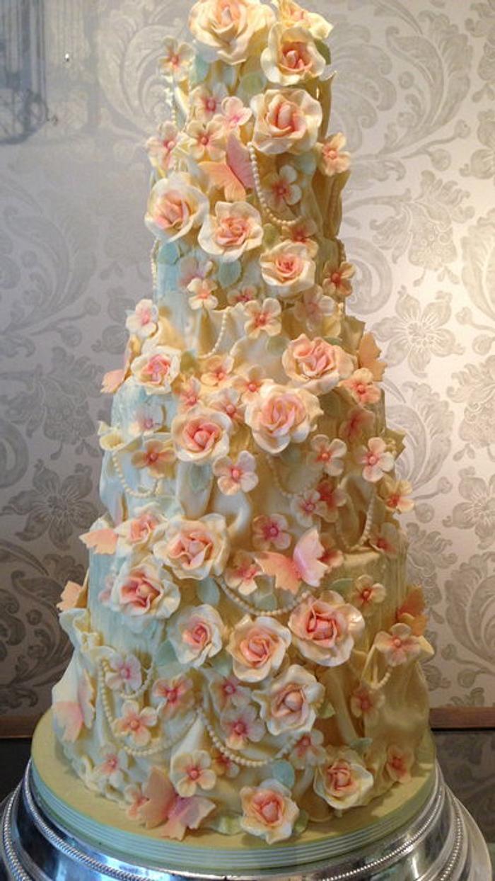 White chocolate rose, hydrangea and pearl wedding cake
