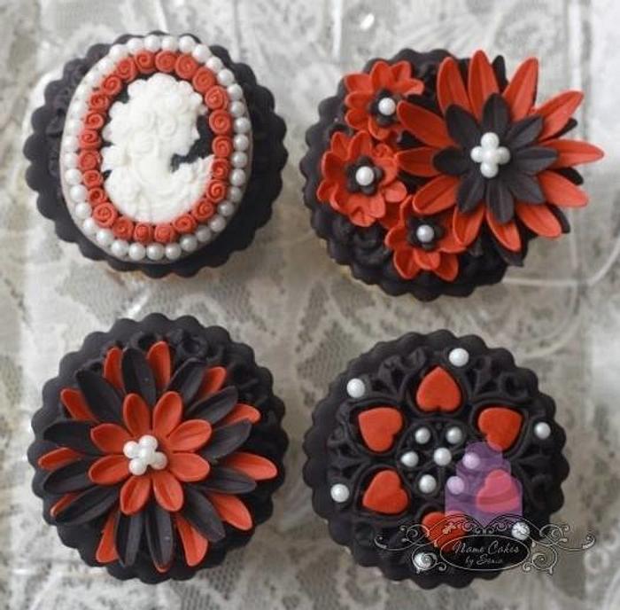 Vintage cameo, black, white and red cupcakes.