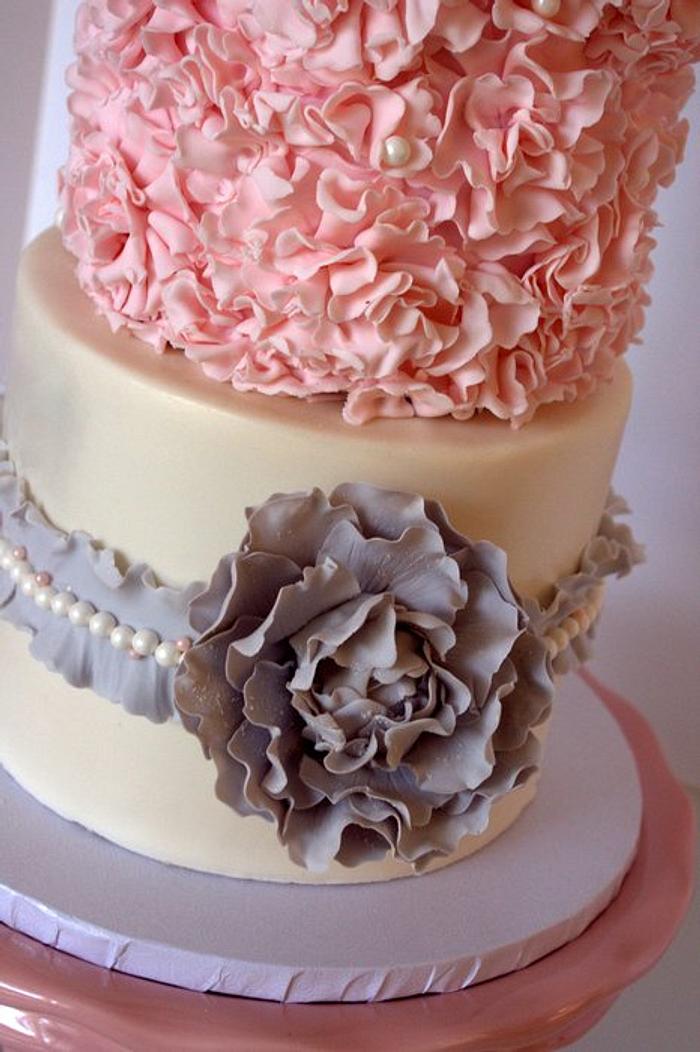 Pink & Grey Ruffled Wedding Cake