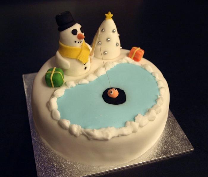 Snowman Ice Fishing Cake 