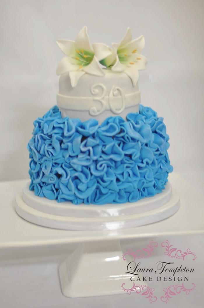 Blue & White Ruffles & Lilies Cake
