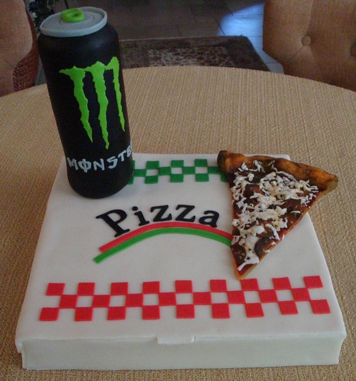 Monster energy drink with pizza