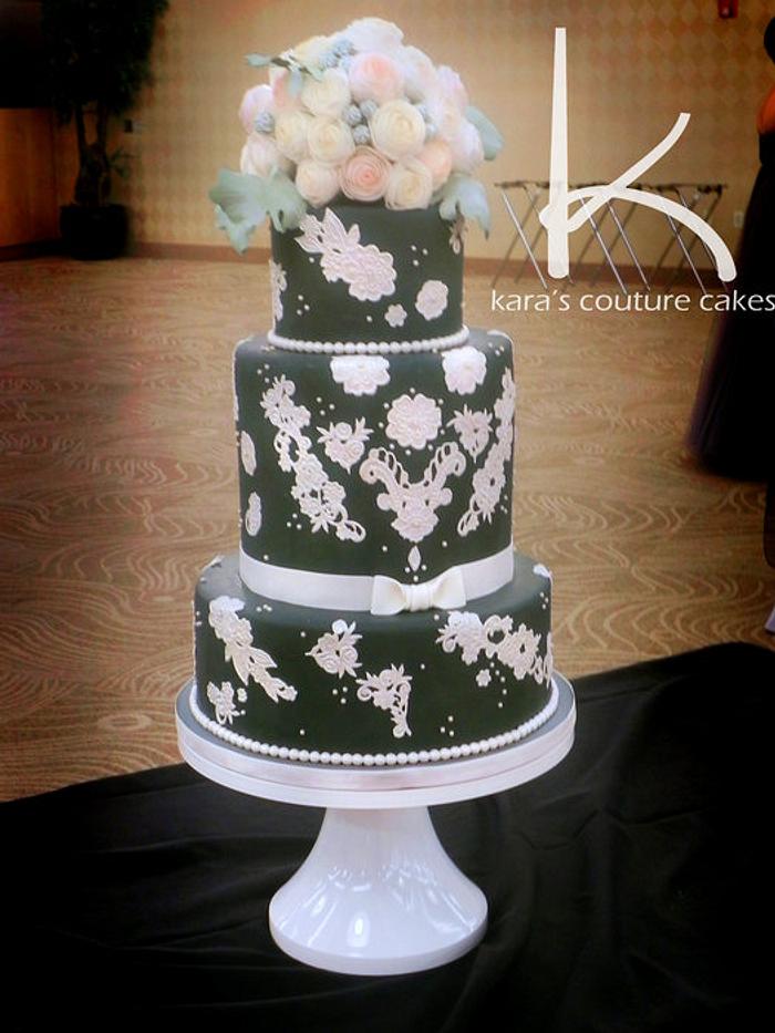 Gray, Vintage Lace, and Wafer Roses Wedding Cake