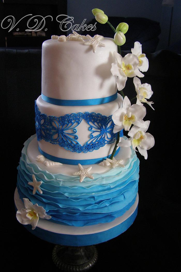 Blue ruffle cake with orchid 