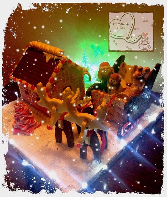 Reindeer sleigh and chocolate house filled with sweets and chocolate 