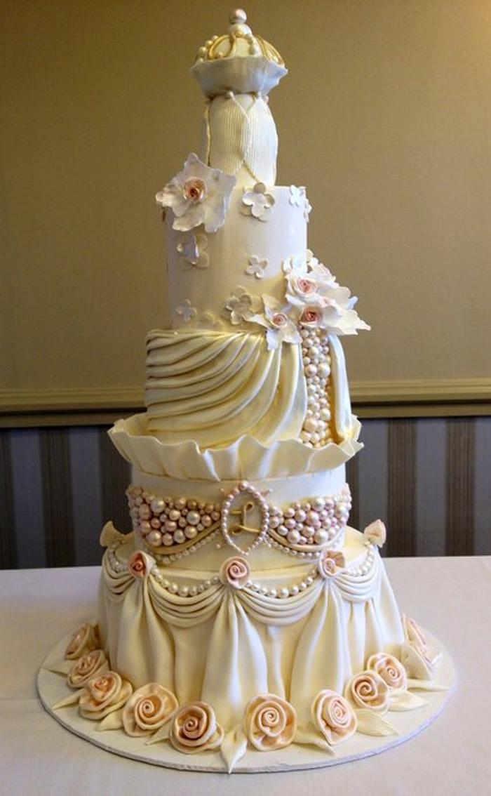Champagne Pink, Ivory, and Gold -Pearls and Swags Wedding Cake