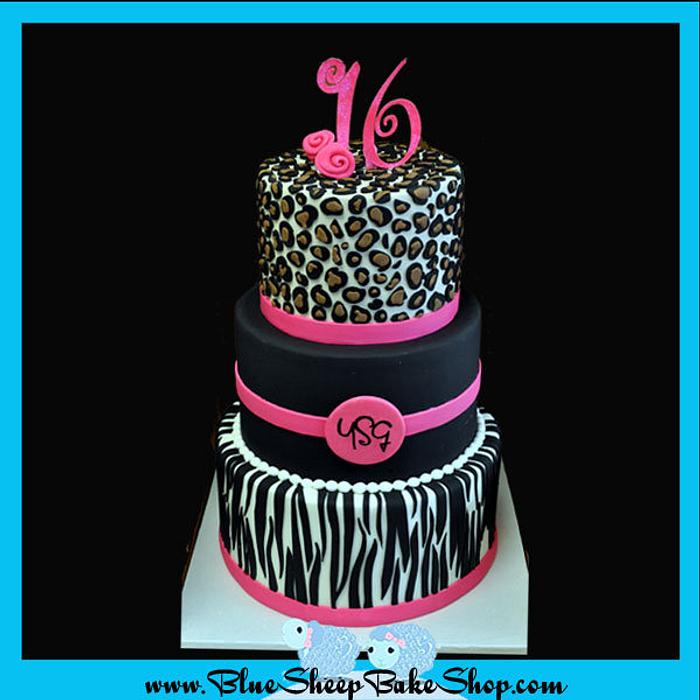 Pink and black animal print cake