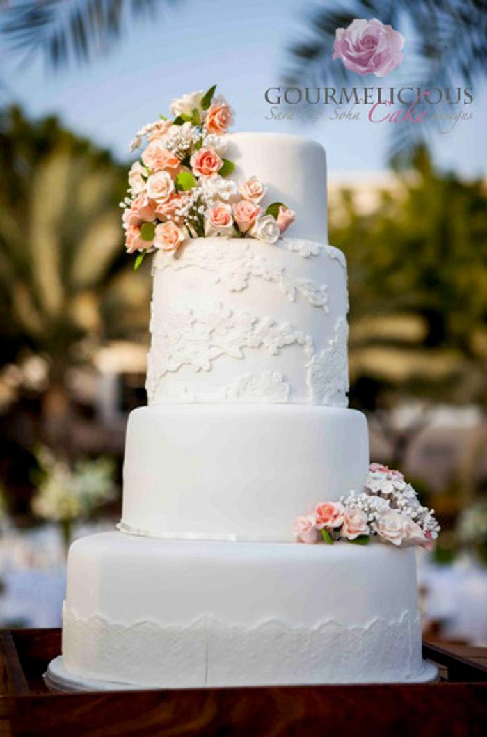 Vintage Lace & sugar flowers wedding cake