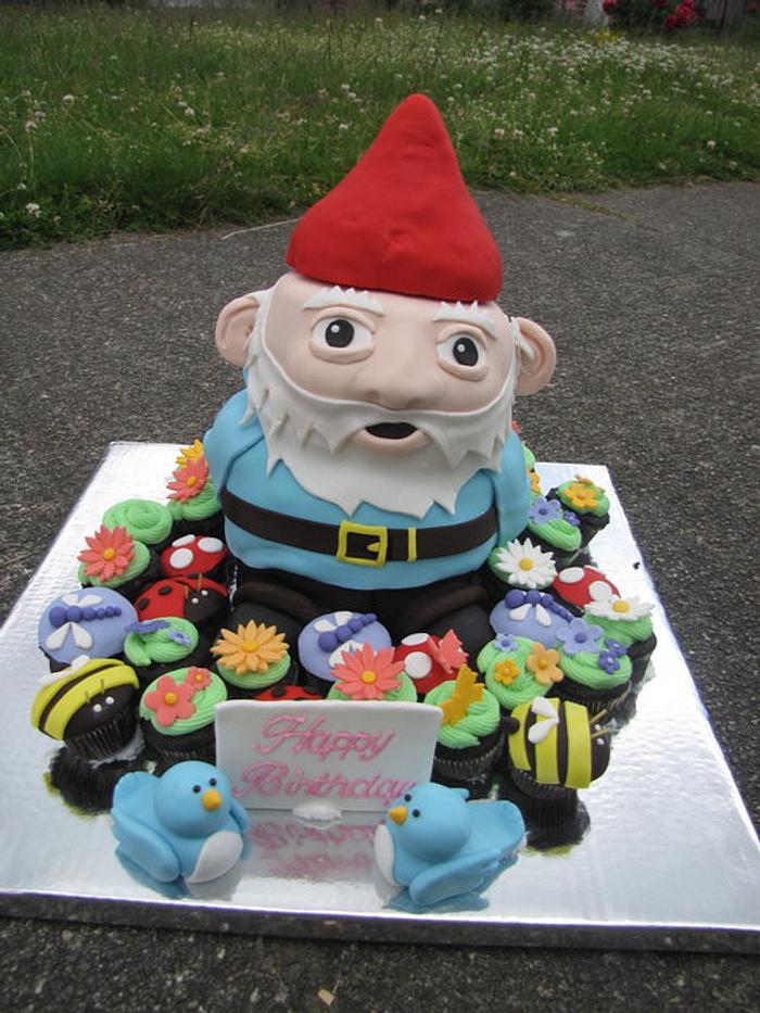 Gnome cake in a cupcake garden