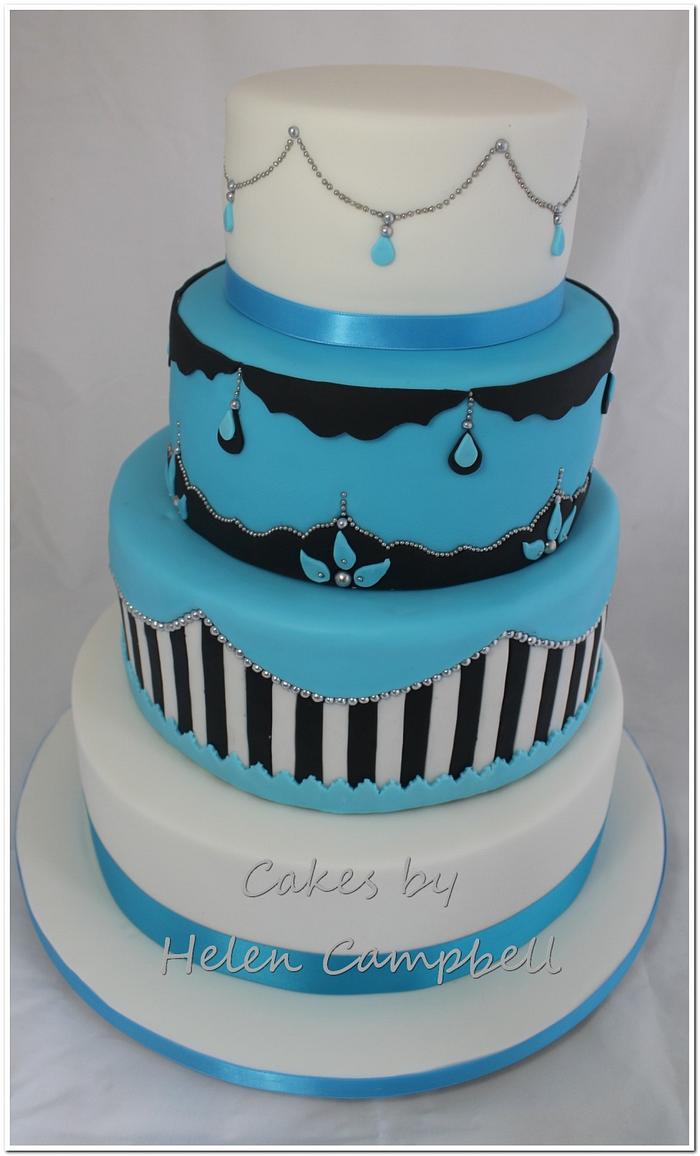 Blue black and white wedding cake