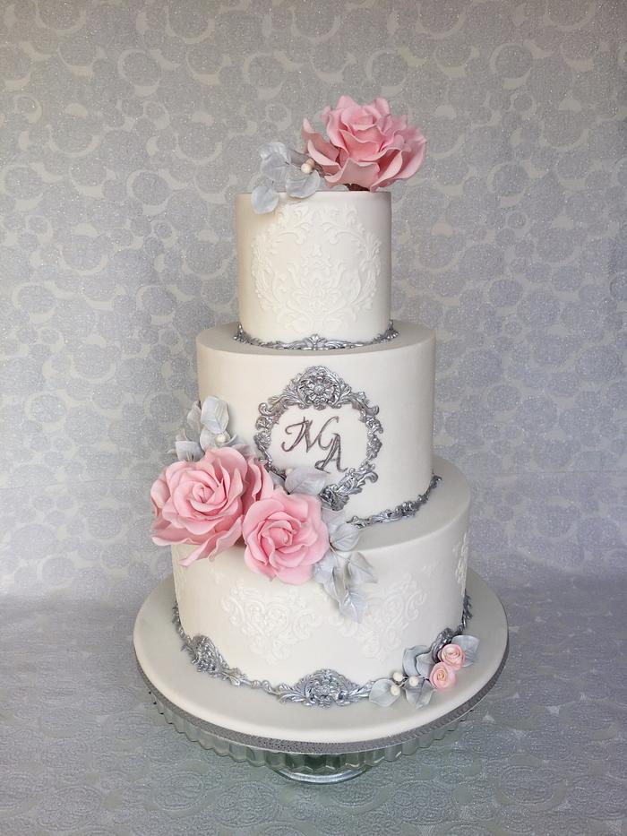 White & silver wedding cake 
