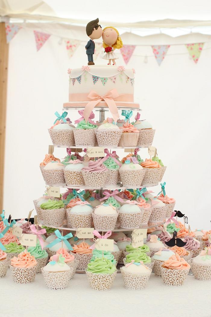 Pretty Bunting Theme Wedding Cake and Cupcakes