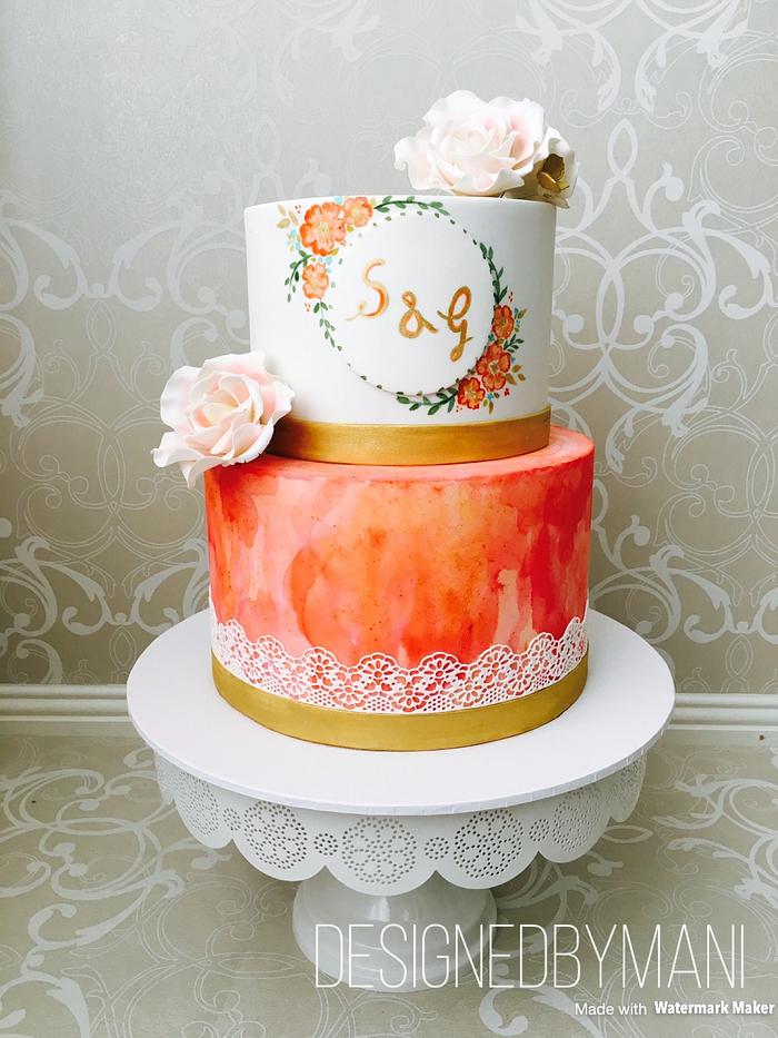 Peach & white wedding cake