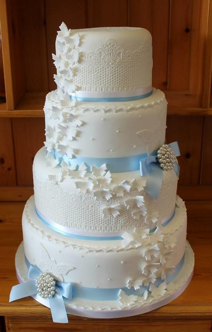 Four Tier Lace & Butterflies wedding cake
