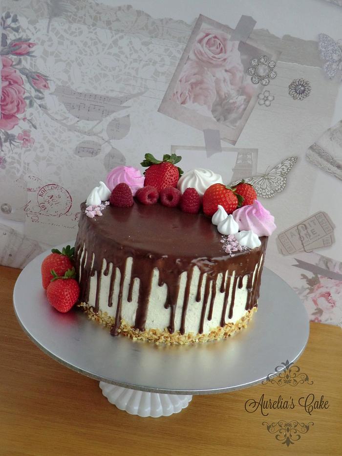 Chocolate drip and meringue cake