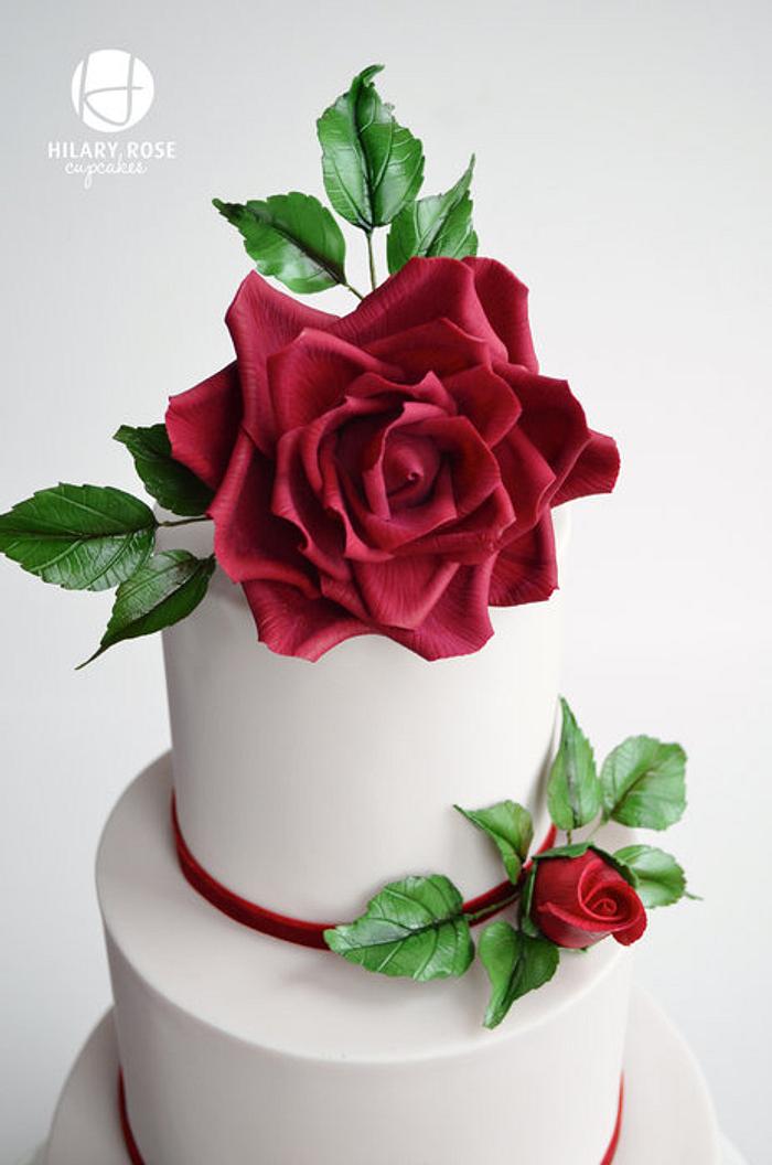 Red garden rose wedding cake