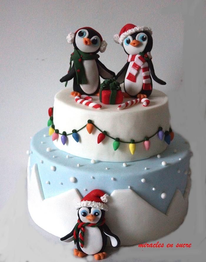christmas cake with penguin topper