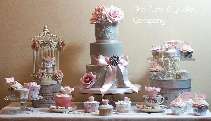 Dove grey and pink cake table