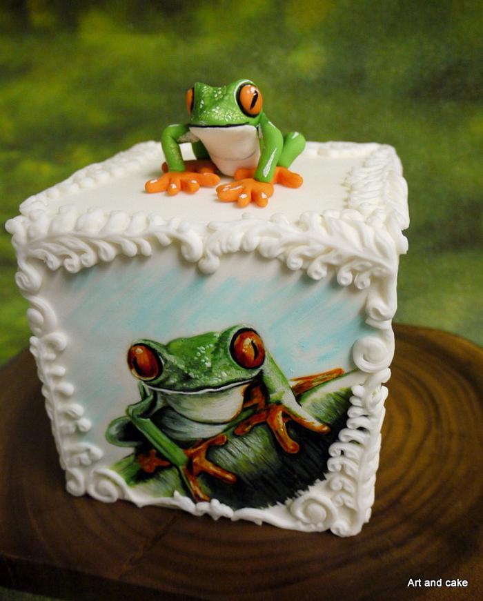 Hand painted frog cake with a fondant froggy...