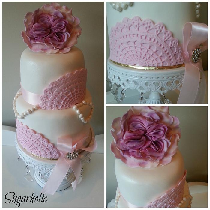 Doily vintage 2 tier cake in pink and whites 