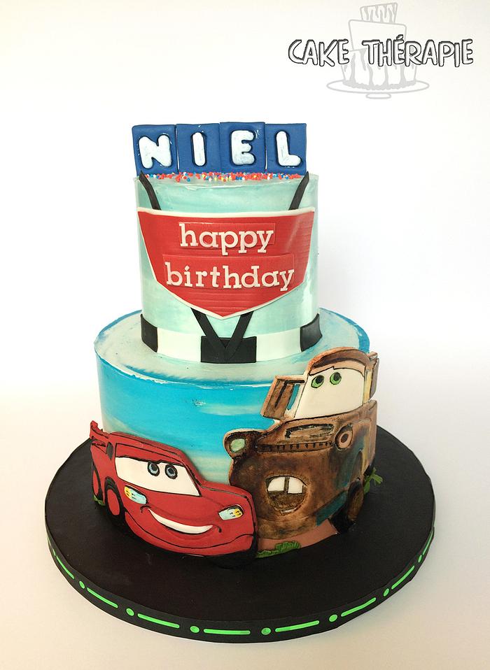 Cars themed cake. Lightening McQueen and Mater.