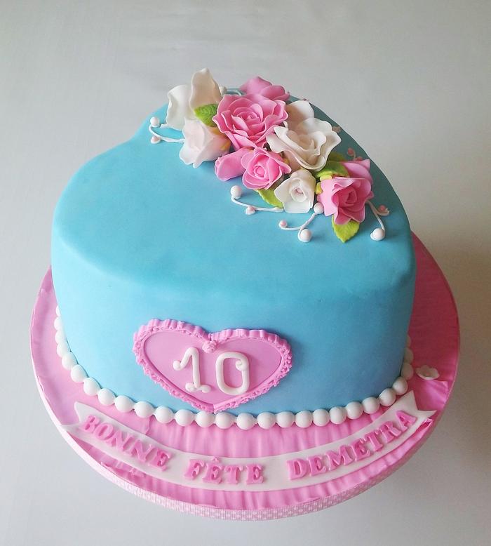 Blue heart cake with roses