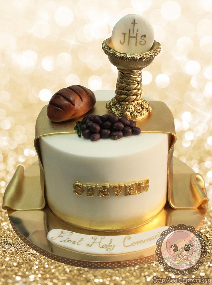 Holy Communion cake in gold and white