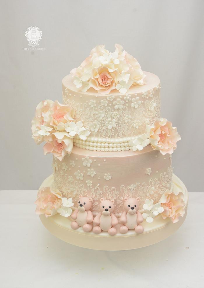Vintage Blush Wedding Cake with Three Little Bears