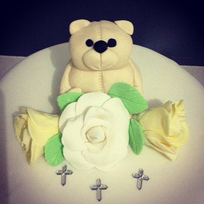 Teddy and flowers christening cake