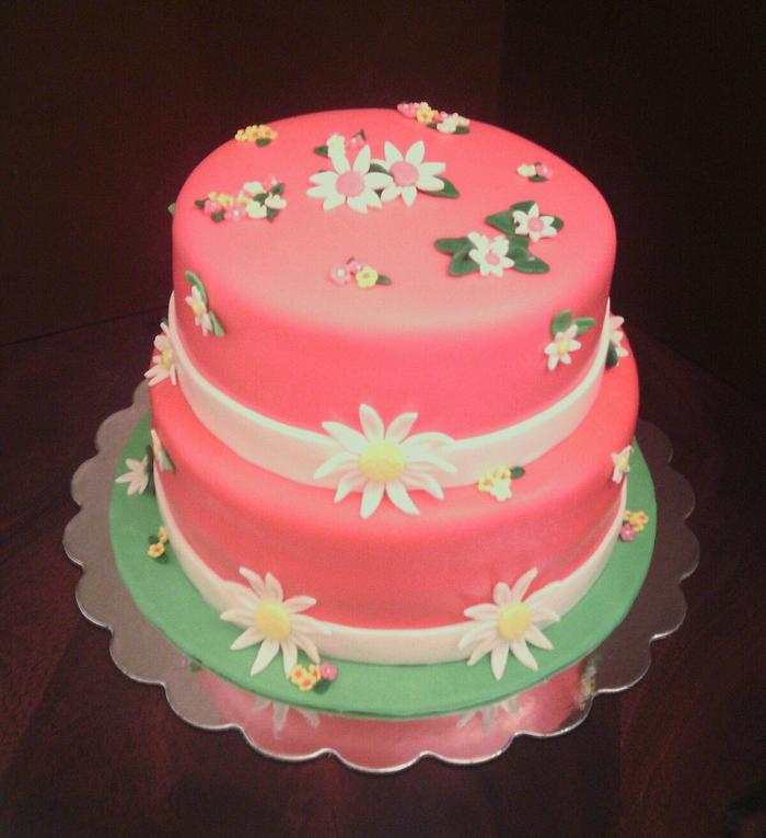 Pink cake with daisy`s & cupcakes