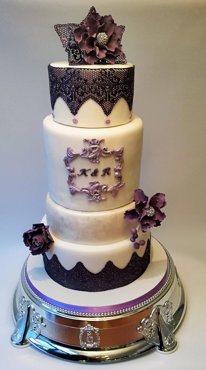 Pearly purple lace wedding cake