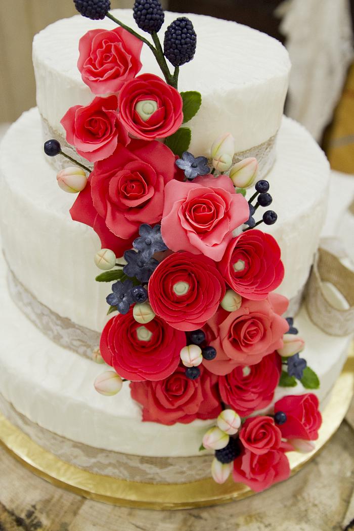 Rustic Coral & Navy Wedding Cake