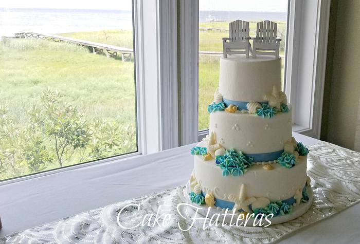 A beach Wedding Cake with Buttercream Hydragnea