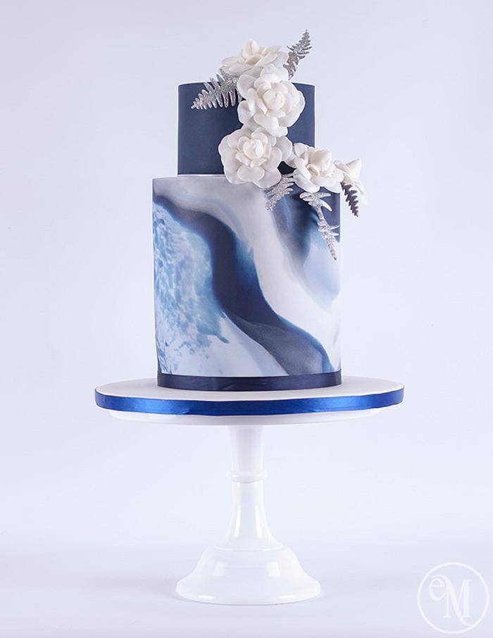 Icy Blue Marble Cake with Chanel inspired camellias