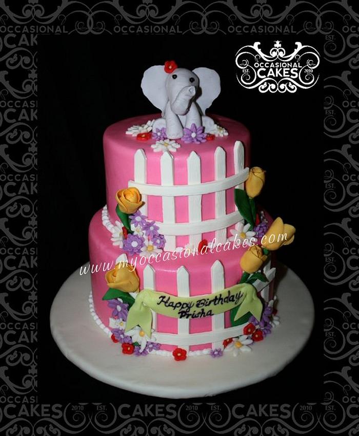 Flowers & Fences Birthday Cake w/Elephant topper