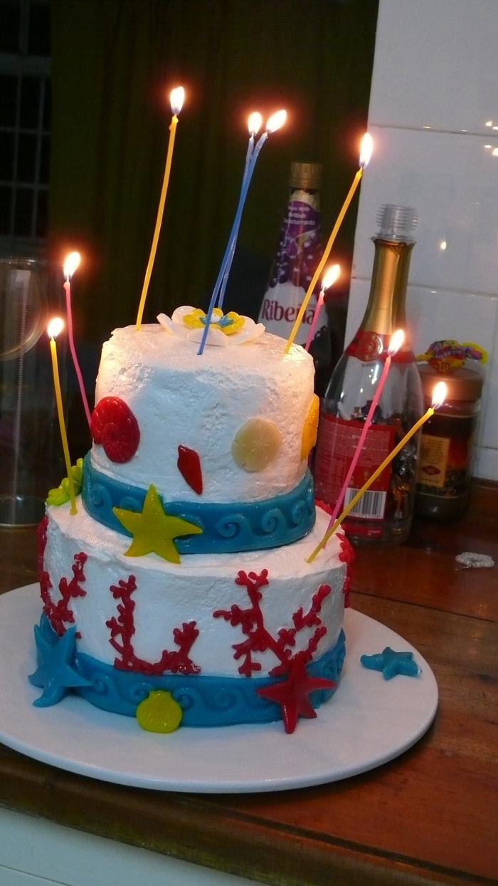  Birthday cake (sea theme) all covered white marshmallow meringue and marzipane 