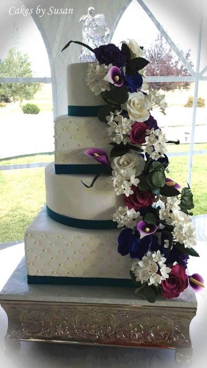Cascading sugar flower wedding cake