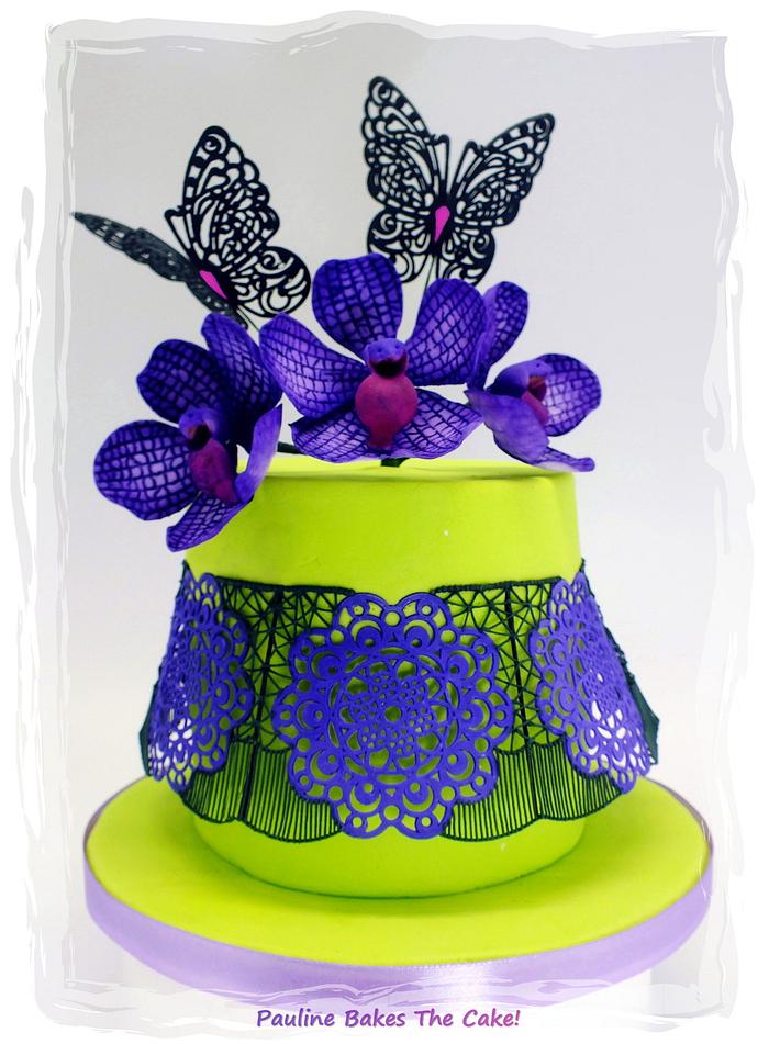 Polly's Violet Vanda & Black Lace Stringwork Cake for "SUPER CAKE MOMS COLLABORATION"