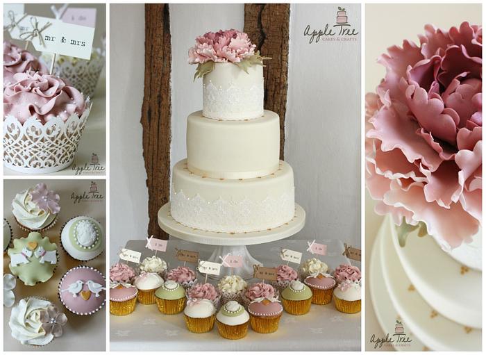 Peony Vintage Wedding Cake & Cupcakes