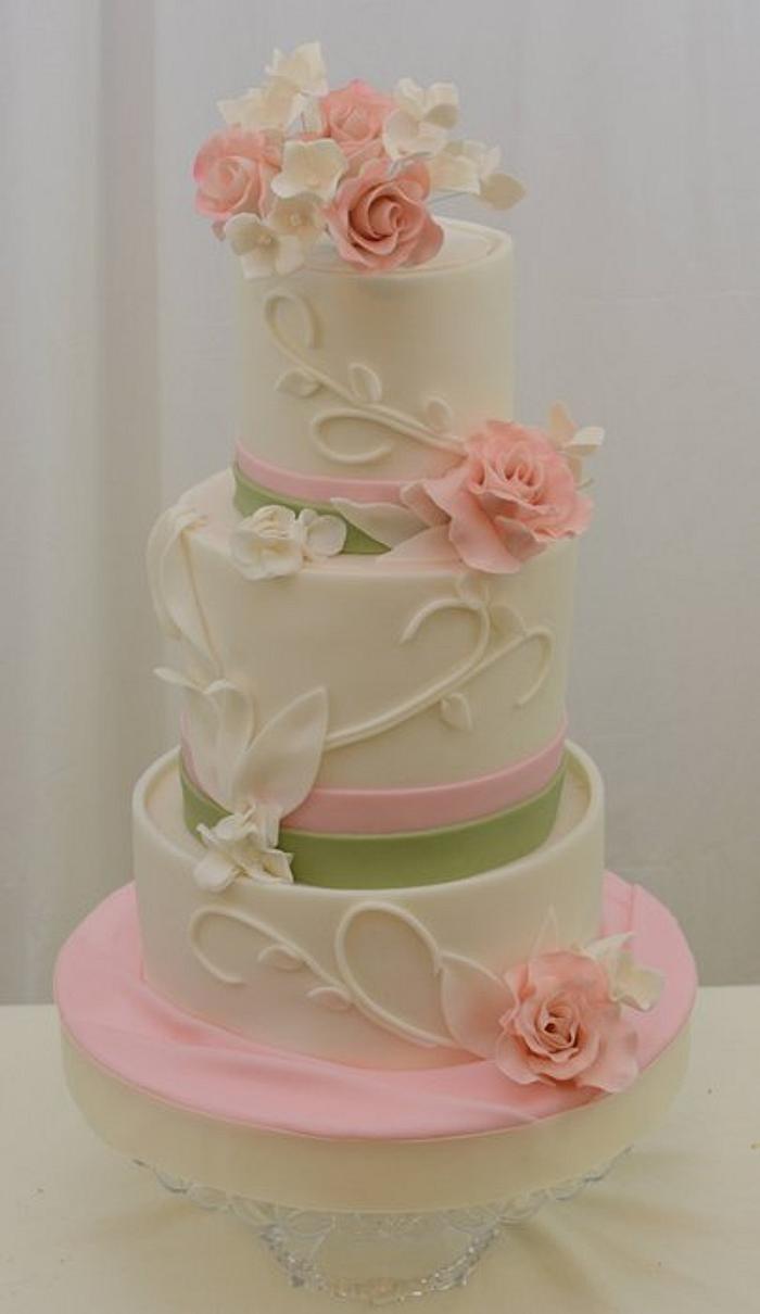 Wrapped Wedding Cake with Pink and Sage Accents